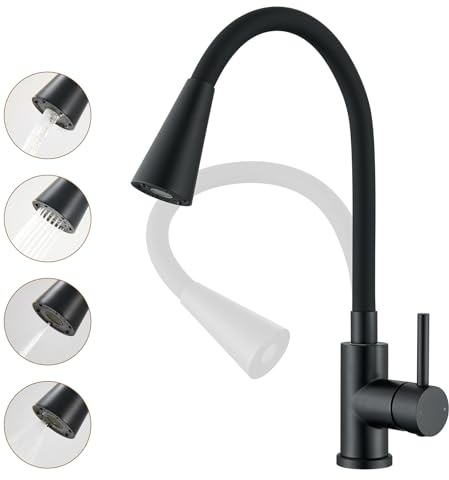 HanCrobiyx Robinet Cuisine Noir, Mitigeur Cuisine avec Bec Flexible 4 Modes de Réglage, Robinetterie Evier Pivotant à 360° en Acier Inoxydable, Froid & Chaud Disponible