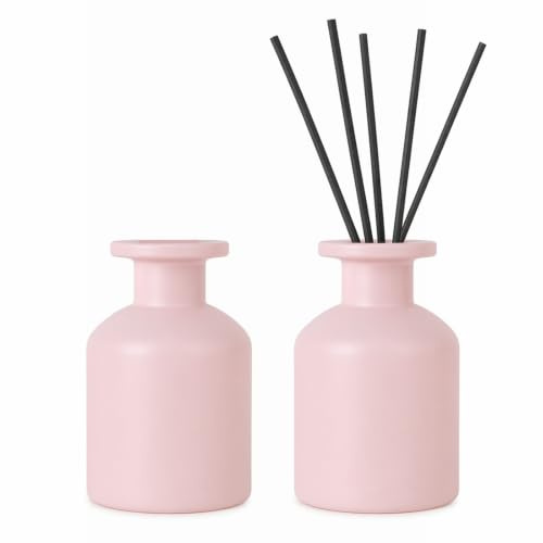 DEARBAG 2 Botellas de Vidrio Difusor, 150ml Frasco difusor de Vidrio Negro Frasco Redondo de Aceite Esencial, Difusores de Aceites Esenciales con Fragancia para el Hogar Baño (Rosa)