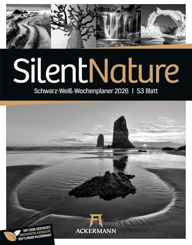 Silent Nature Wochenplaner Kalender 2026 | Stilvoller Landschafts-Wochenkalender im Hochformat (25x33 cm) | Schwarz-Weiß-Fotografie | Mit Rätseln