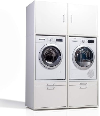 WASCHTURM • 2X Waschmaschinenschrank & Schrankaufsatz (61 cm hoch) • Mit Schublade & Ausziehbrett • TÜV-Zertifiziert
