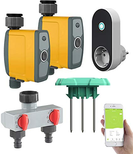 Royal Gardineer WLAN Wasserhahn: WLAN-Bewässerungscomputer, 2-Wege-Verteiler, Feuchtigkeitssensor, App (WiFi Wasserhahn, Zeitschaltuhr, Gartenschlauch)
