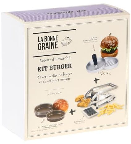 LA BONNE GRAINE - 1 Coupe-frites - 1 presse steak haché - 4 moules à pain burger GOBEL - 29 x 14 x 29 cm - Fabriqué en France