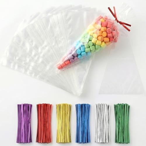 100 Pcs Clear Cone Bags Sweets Cellophane Treat Bag for Baking, Candy, Cookie, Displaying, Wrapping