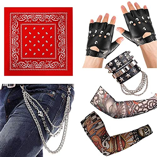 BIQIQI Punk Gothic Rocker Kit 70er 80er 90er Jahre Schwermetall Disco Kostüm Zubehör mit Punk Bandanas Handschuhe Punk Kette Lederarmband und Arm Fake Tattoo Ärmel Cover für Männer Frauen Punk Rocker