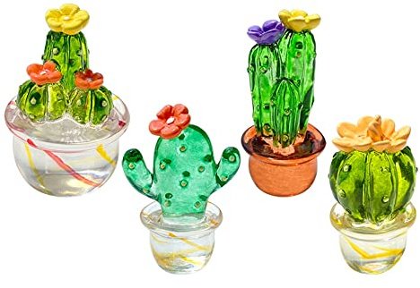 QIANSHENG 4 PCS À La Main en Verre Soufflé Art Cactus Mignon Cristal Miniature Cactus Figurines Bureau À Domicile Bureau De Table Simulation Plantes Décorations Ornements Intérieurs De Voiture