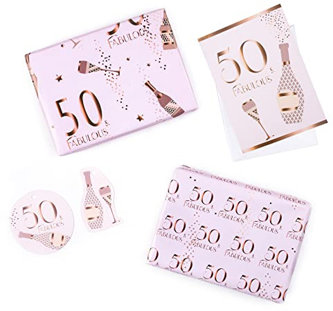 RUSPEPA Geschenkpapier Zum 50. Geburtstag, Rosa Design, Inklusive Grußkarte Und Geschenkanhänger Für Geburtstagswünsche – 2 Gefaltete Flache Bögen