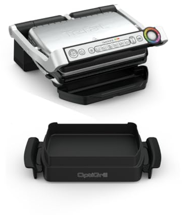Tefal OptiGrill & Bake Kontaktgrill mit Backschale, 6 Programme, Garstufenanzeige, Abnehmbare Platten, Elektrogrill, Edelstahl, GC714D10