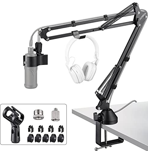 JAMELO Microphone Boom Arm Stand, Heavy Duty Adjustable Mic Arm with 360° Rotation, 2 Screw Adapters, Upgraded Clamp (KH-35)