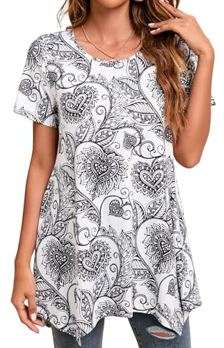 Enmain Tunica Donna Maniche Corte Maglietta Paisley Floreali Bluse Cime Lunga e Ampia Elegante Scollo Tondo Magliette con Volant,Bianco,3XL