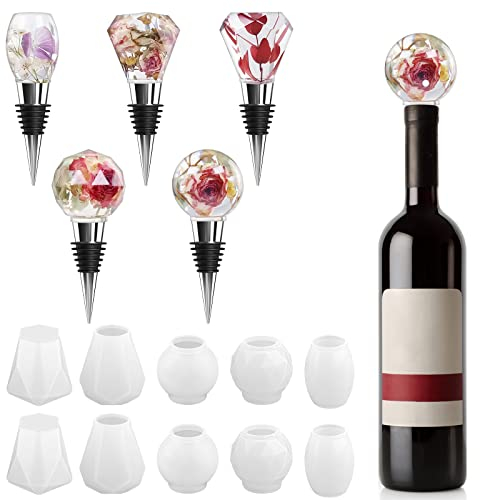 Linkidea 15-teiliges Weinflaschenverschluss-Set, 10 DIY-Harzformen und 5 wiederverwendbare Edelstahlverschlüsse, geometrische Flaschenverschlüsse für Bastelarbeiten, Geschenke und Barzubehör