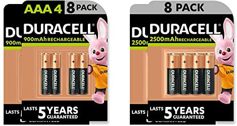 Duracell Rechargeable AA and AAA Batteries (Pack of 8 + 8), 2500 mAh NiMH, 900mAh NiMH, pre-charged, Our No. 1 Longest Lasting Rechargable battery