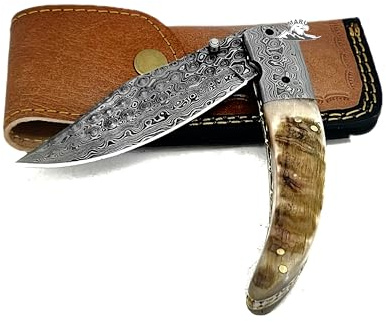 Maru Knives Coltello in Acciaio Vero Damasco Artigianale Coltello Pieghevole Coltello da Collezione Coltello Tascabile Coltello Damasco con Fodero