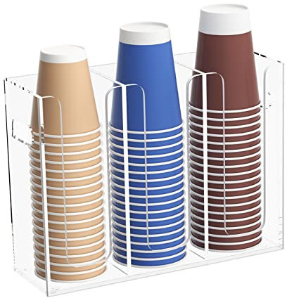BOSSCASA Disposable Coffee Cup Dispenser with Handles, Countertop or Wall Mount Hot/Cold Drink Cup and Lid Holder - Bathroom/Kitchen/Office Acrylic Cup Lid Storage Organizer (3 Compartments, Clear)