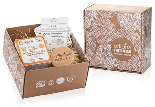 Officina Naturae Geschenkbox mit Waschmittel, feste Teller, Orange, Solara, 180 g, Geschirrbürste aus Pflanzenfaser und Holz + Seifenschale kompostierbar, vegan