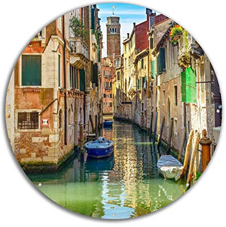 Wallario rundes Outdoor-Poster für Garten oder Balkon Urlaub in Venedig Kanal zwischen bunten Häusern, Motivbanner 60 cm Durchmesser