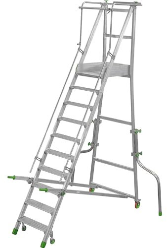 kaiserkraft | Mobile Alu-Podesttreppe | klappbar | mit gerieften Aluminiumstufen | 10 Stufen inkl Plattform