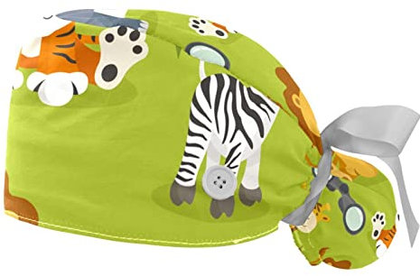 2er-Pack Schrubbmützen,Bouffant-Hüte,Zoo Cartoon Waldtiere,Arbeitskappen mit Knopf und Schweißband,verstellbar