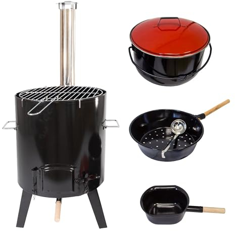 NATIV Gulaschkanone | Gulaschkessel mit 14 L | Eintopfofen für Kochen ohne Strom und Gas | Raketenofen als Krisenvorsorge | Holzofen mit umfangreichem Kochzubehör