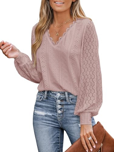 CUPSHE Camicetta da Donna con Pizzo Intagliato e Orlo Smerlato, Maniche Lunghe in Pizzo, Scollo a V, Polsini a Fascia, Elegante e Chic, Rosa, XL
