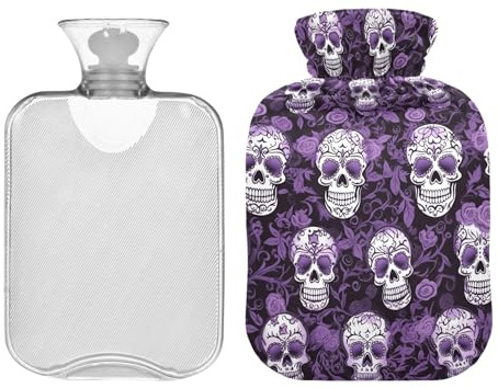 Purple Sugar Skulls - Botella de agua caliente con bonita cubierta, bolsa de agua caliente de invierno de 1 litro para calambres menstruales, cuello, hombros, alivio del dolor de espalda, terapia de