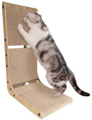 Heikoeco® Kratzbretter Katze mit Katzenminze Ball, L-förmige Katzenspielzeug, Langlebige Kratzpappe Wand 26x39x60cm