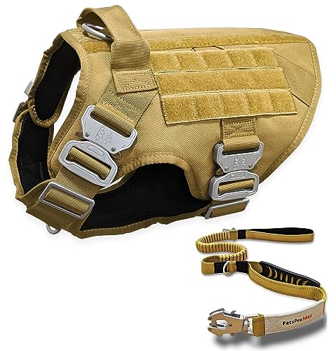 Pets ProMax Taktisches Hundegeschirr mit taktischer Hundeleine (2-in-1-Bundle); Militär-Stil, taktische Hundeweste, Geschirre, Metallschnalle und Bungee-Hundeleine mit Autositz-Schnalle, Rot, Größe XL