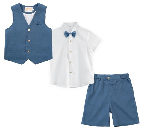 LOLANTA Set med 4 delar, pojkar, linne, sommarkostym, festliga sommarbröllop, dop, ceremoni, kostymer, födelsedag, festkläder, barn, västar, shorts, kostym, set med fluga, blå, 10-11 år