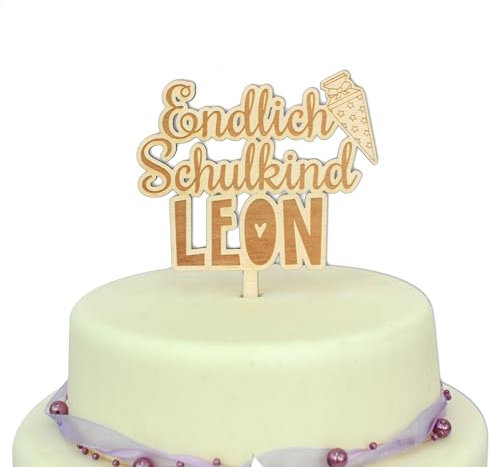 FEENSTAUB Cake Topper Schulkind, personalisierte Tortendeko Einschulung aus Holz, Kuchendeko Einschulung mit Namen, Cake Topper Schulanfang, Deko Einschulungsfeier, Endlich Schulkind Tortendeko