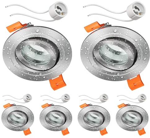 ledscom.de 6x Bad-Deckeneinbaurahmen ERID, Feuchtraum, Badezimmer, IP44, rund, schwenkbar, aluminium matt, inkl. GU10 Fassung