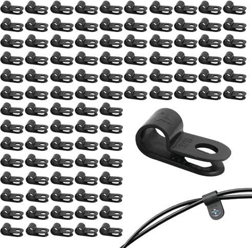 SMCEHEYA R-Type Cable Clips 100Pcs P Clips 5mm(3/16'') Diameter Wire Clips for Cable Nylon Cable Clips Black Cord Holder Plastic Cable Organiser for Electrical Cable Wire Conduit Fixings Wire Clamps