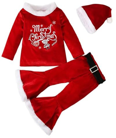 Frohe Weihnachten-Outfit,Samtpullover + Schlaghose + Weihnachtsmütze | Langärmliges Pullover-Kleidungsset mit Hut und Glocke für Weihnachtsfeier, Alltagskleidung, Geburtstagsfeier