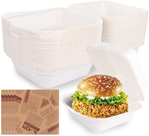 MEIDIV 100pcs Takeaway Burger Boxes, 6inch Take Away Food Boxes with Greaseproof Paper Sheets, 450ML Disposable Takeaway Containers with Lids, Bento Cake Box, Take Away Boxes for Burger Sandwich Cake