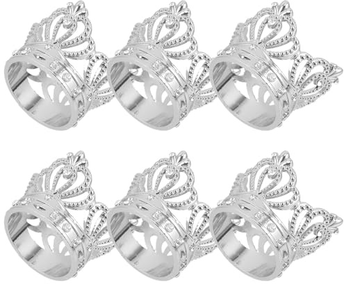 IMIKEYA 6 Stück Serviettenringe Silber modern Krone Stoffservietten Ringe Silber Metall Serviettenringe Hochzeit Tischdeko Strass Servietten Ringe für Esstisch, Partys, Alltag