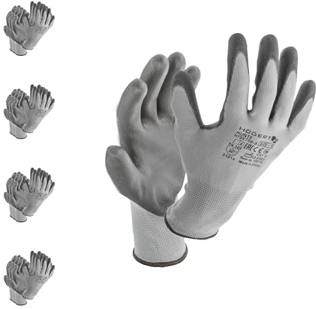 Högert Technik HUNTE Lot de 12 paires de gants enduits de polyuréthane, gris et noir, taille 10, résistants à l'abrasion et flexibles, parfaits pour les travaux de précision