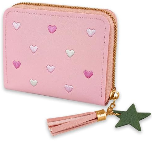 NICECONE Pink Girls Zipper Purse, Short Wallet with Embroidery Hearts Tassels Cute Star Pendant, Slim Short Small PU Leather Coins Wallet Credit Card Holder for Teens Girls Women