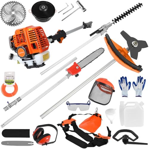 5 in 1 Garden Multi Tool, 52cc 2-Stroke Petrol Garden Strimmer, Petrol Hedge Trimmer Long Reach Pole Saw, Brush Cutter ＆ String Trimmer with 3/40-tooth Blade, Outdoor Grass Trimmers for Lawn Yard