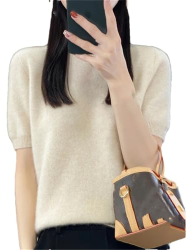 Hdhdeueh T-shirt à manches courtes en laine mérinos pour femme - Style décontracté - Couleur unie - Col rond, beige, S