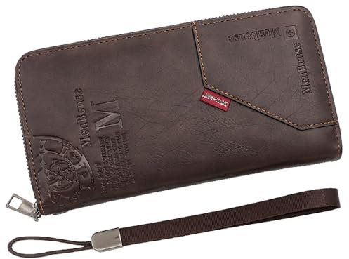YUEcthynous Portafogli lunghi da uomo in pelle PU con chiusura lampo, molti scomparti per carte di credito con cinturino da polso, grande capacità con cerniera singola (caffè scuro), Caffè scuro, m,