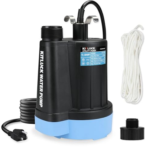 KITLUCK Sump Pump, 1/2HP 2000GPH Submersible Water Pump Electric, Thermoplastic High Flow Utility Pump with 10ft Cord, Portable Handle, Water Removal for Swimming Pool, Flood Basement, Pond, Tub