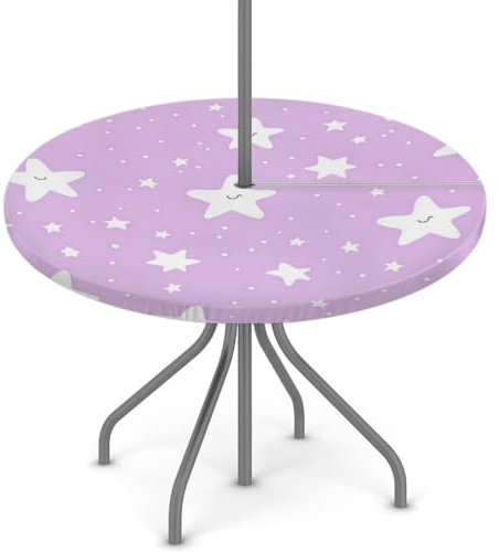 Woltant Nappe ronde avec trou de parasol et fermeture éclair facile à nettoyer avec bords élastiques - Protection de table d'extérieur pour jardin, terrasse, barbecue - Motif étoiles violettes et