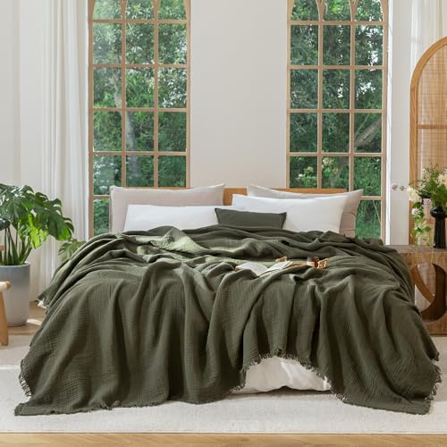 MooMee Muslin Blanket - 100% Cotton 4-Layer Gauze Throw Blanket with All-Around Fringe, Soft Breathable Lightweight Cooling Summer Blankets for Bed Couch (Olive Green,Oversize Queen 98 x 98)