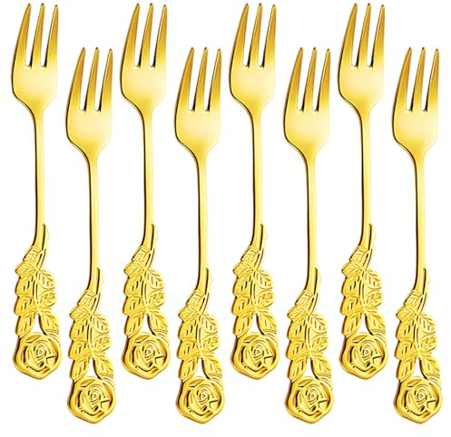 UOPJDD 8 Pezzi Forchette Dorate, Forchette di Frutta Rosa in Acciaio Inossidabile Creativo, Riutilizzabili, Semplici E Squisiti, Stoviglie da Cucina.