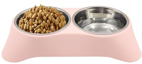 Arightmu 2-i-1 husdjursskålar i rostfritt stål | halkfri lutad katthundskål med halkfri design | dubbel skål för kattungar, valpar, kaniner och små djur (rosa, liten)