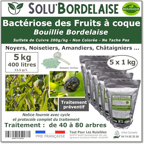 Solu'Bordelaise - 5 kg de Bouillie Bordelaise - Bactériose des Fruits à coque - Utilisable Agriculture Biologique - 5 Sachets Refermable de 1 kg