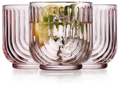 Glaver's Set di 4 bicchieri da whisky rosa cipria, stile vintage, 325 ml, design Art Deco a forma di U, in rilievo, per uso quotidiano, casa, bar.