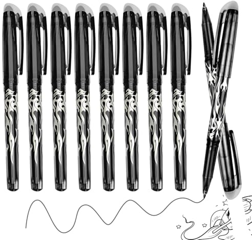 WENJION WENJIO Radierbarer Kugelschreiber Schwarz 10 Stück – 0.6mm Tintenroller Radierstift Gelschreiber Erasable Pen Set für Bürobedarf Schule Studenten Notizen Zeichnungen