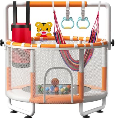 KINETRA 55 Kids Indoor Trampoline with Safety Net, Adjustable Gymnastics Bar & Toys – Indoor/Outdoor Toddler Play Gym for Boys & Girls Ages 3+, Birthday Gifts (White (Powder-Coated))