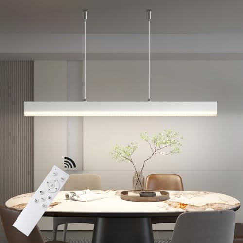 OOWOLF Pendelleuchte Esstisch mit Fernbedienung, 40W, 120cm, stufenlos dimmbar, 3000K/4500K/6000K, höhenverstellbar, Linear Design, Weiß, für Esszimmer Wohnzimmer Büro