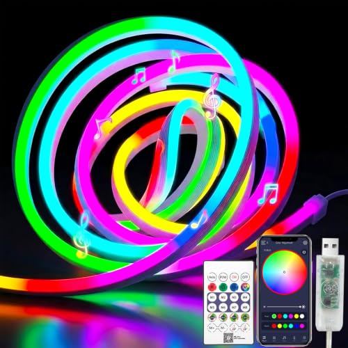 ShineBurky Striscia LED Neon 5 Metri RGBIC, 5V USB Strisce LED | con Controllo App Telecomando Sincronizzazione Musica IP67 Impermeabile per Cucina Armadio Specchio Decorazione Domestica