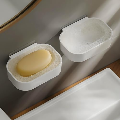 Ateweita Jabonera, Portajabones sin taladrar con Almohadillas absorbentes para Ducha, Cocina, Pared del baño (White, 13 * 10cm*2)